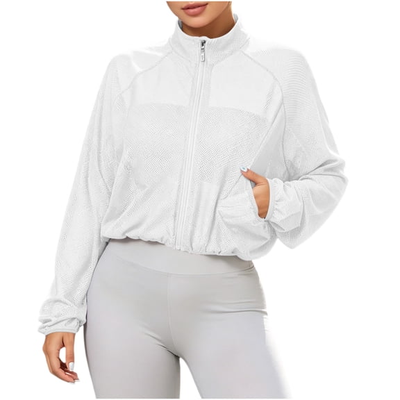 Mlzmgr Lightweight Jackets for Women Zip up Long Sleeve Mesh Stand Collar Fall Winter Casual Athletic Jackets with Pockets(X-Large,White)