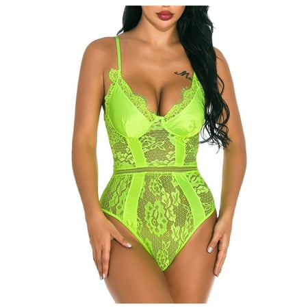 

BIZIZA Women s Lace Teddy Sexy One Piece Eyelash Babydoll Snap Crotch Lingerie Bodysuit Yellow XL