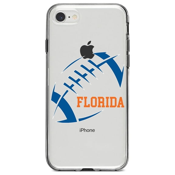 DistinctInk Clear Shockproof Hybrid Case for iPhone 7 8 SE (2020 Model) 4.7" Screen TPU Bumper Acrylic Back Tempered Glass Screen Protector - Florida Football - Orange, Blue