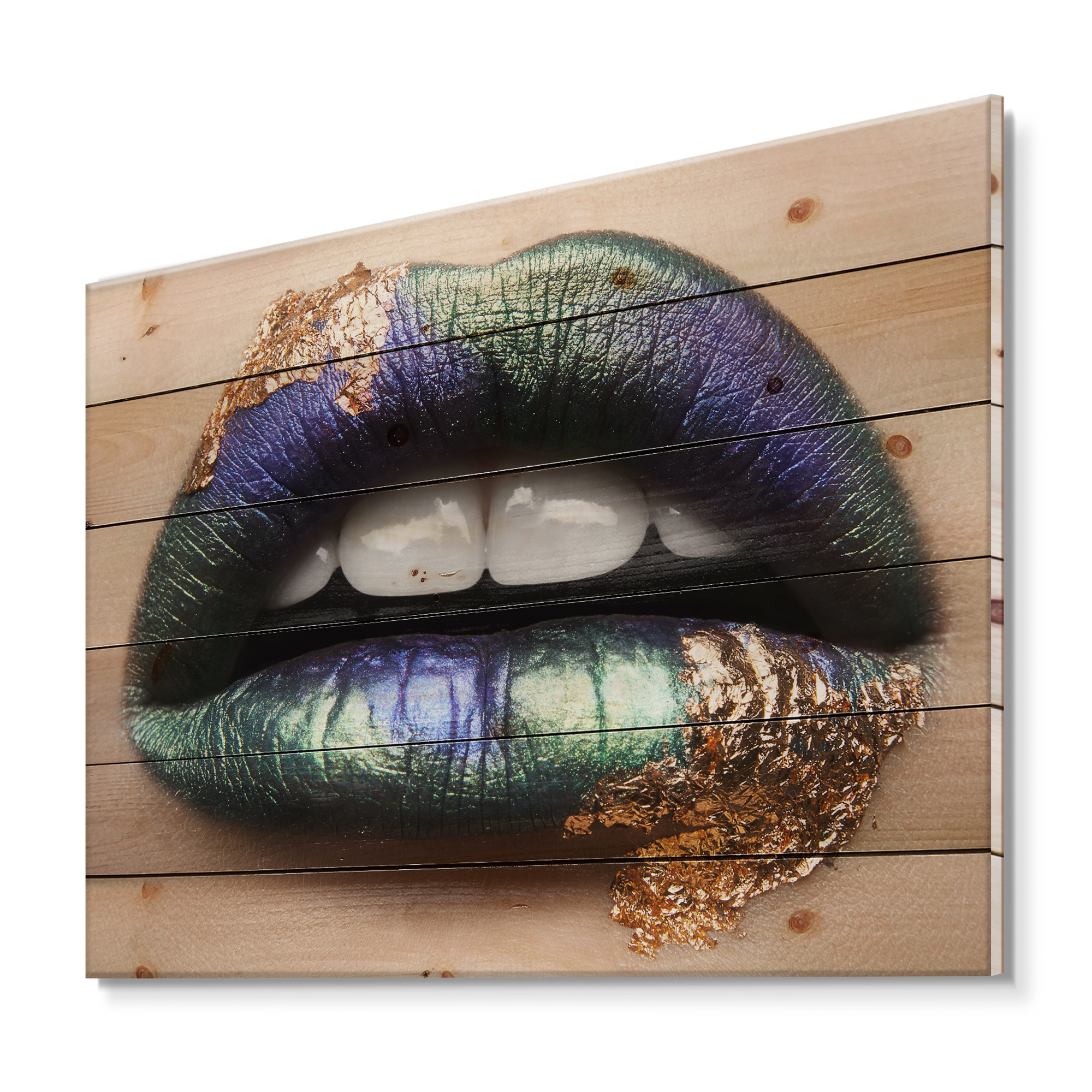 Designart 'Woman Lips With Green Lipstick & Teeth' Modern Print on Natural Pine Wood