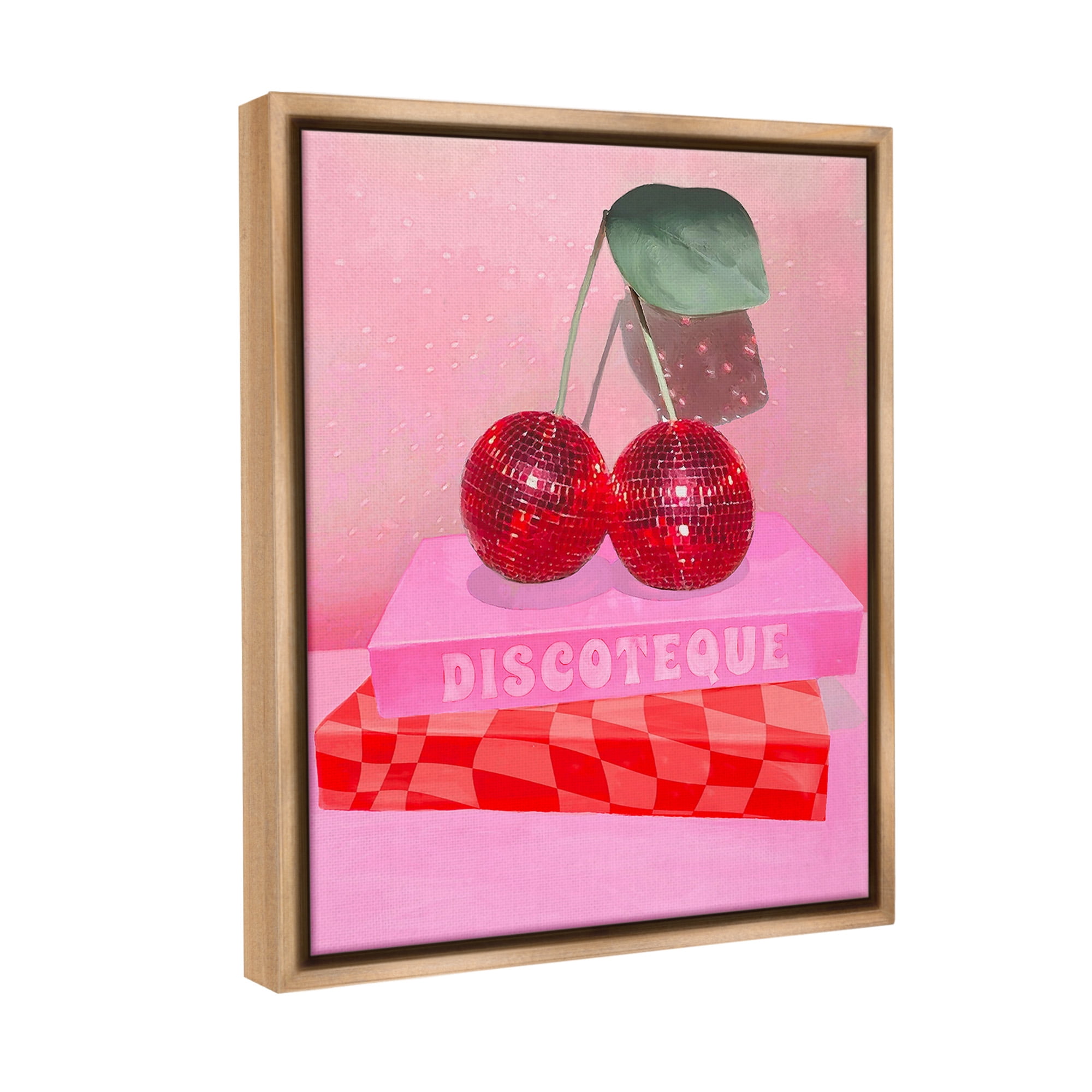 Stupell Industries Cherries on Book Stack Literature & Flim Painting Brown Floater Framed Canvas Art Print Wall Art, 17 x 21