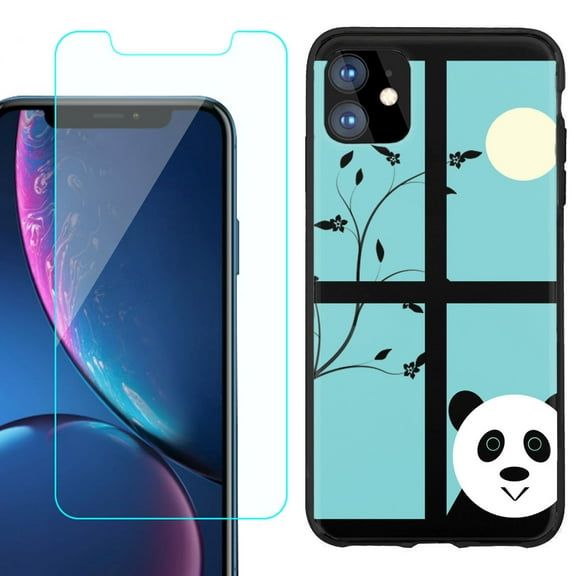 For Apple iPhone 11 Phone Case , Slim-Fit TPU Protective Case (Black), with Tempered Glass Screen Protector, by OneToughShield ® - Moon Panda
