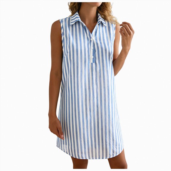 vigerkar Women's Minimalist Sleeveless V-Neck Button-Down Striped Shirt Dress, Fashionable Loose Casual Summer Staple (Light Blue, L)