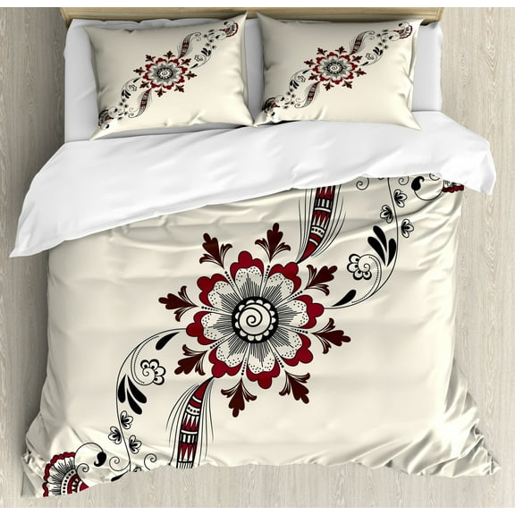 Henna Duvet Cover Set King Size, Colorful Floral Pattern Asian Mehndi Arrangement Nature Inspired Abstract, Decorative 3 Piece Bedding Set with 2 Pillow Shams, Maroon Brown Black, by Ambesonne