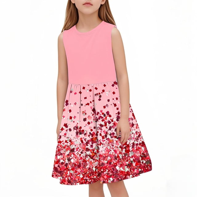 Tranfacy Robes d'Été pour Ados Enfants Sans Manches à Imprimé de Paillettes Col Rond Taille Cintrée Robe d'Été pour Enfants de Taille Moyenne