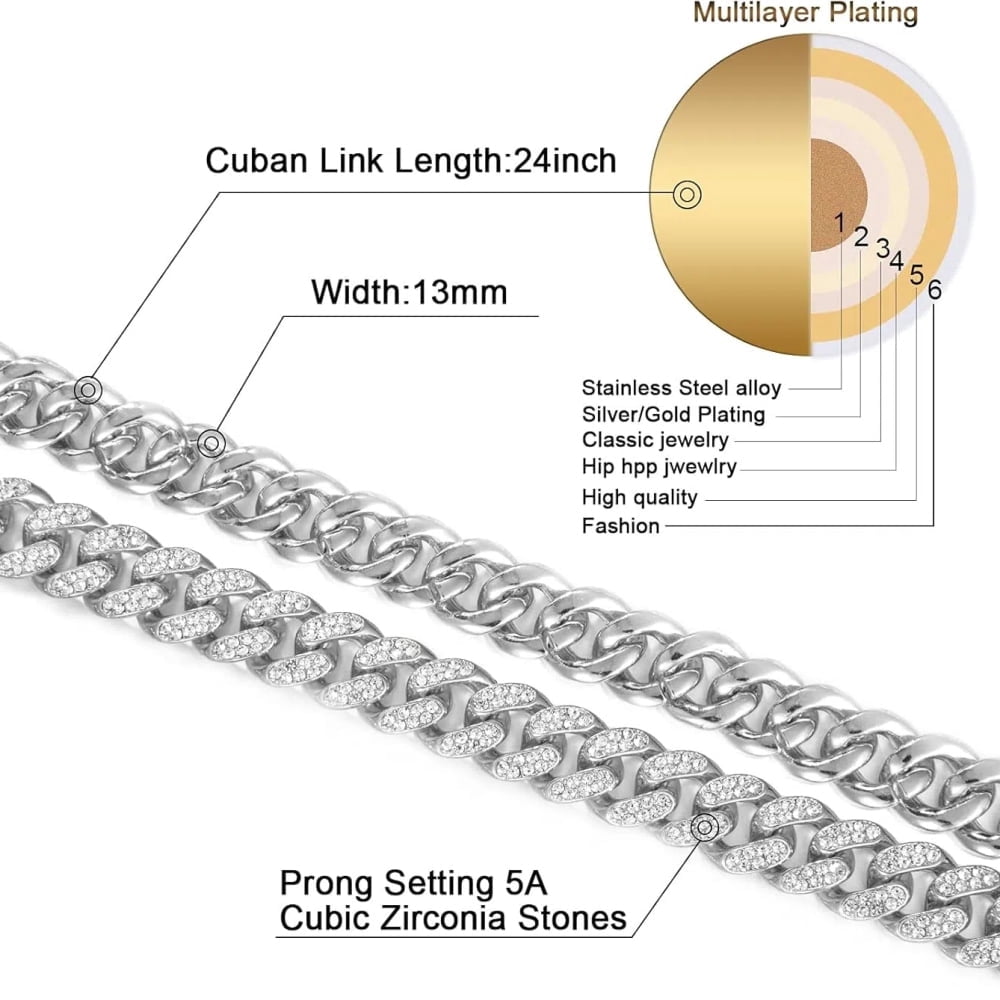 Cuban Link Chain Miami Cuban Necklace Gold/Silver Plated Diamond Cut Stainless Steel Chain for Men Women 13mm Iced Out Hip Hop Jewelry