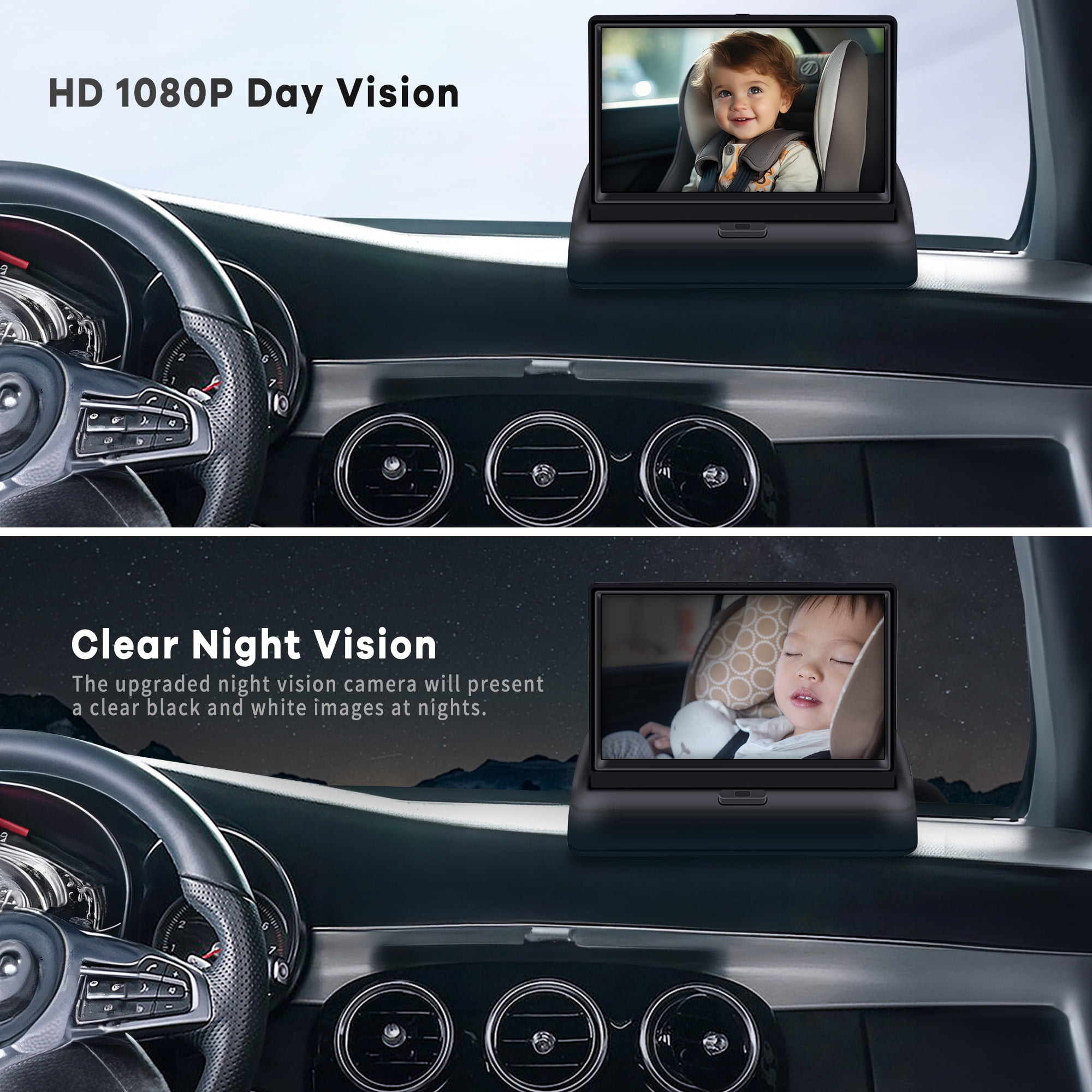 Baby Car Camera, HDJ 4.3'' HD Night Vision Function Car Mirror Display, 360° Adjustable Safety Car Seat Mirror Camera Monitored Mirror with Wide Clear View, Easily Observe Baby’s Move