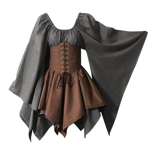 WTXUE Robe à Manches Longues, Robe Chemise Irlandaise à Manches Trompette Médiévale Vêtements pour Femmes Robe Corset Gothique Rétro, Gris G