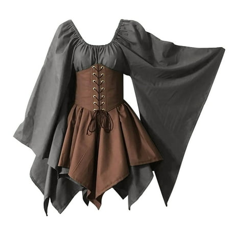 DondPO Plus Size Dresses for Curvy Women Midi Dresses Trumpet Sleeve Irish Shirt Dress With Corset Cosplay Costumes Gothic Retro Corset Dress Long Sleeve Dress Womens Dresses Grey Dress 5XL