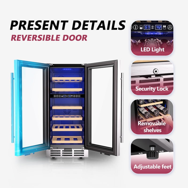 Simzlife 15" Wine Cooler, 30 Bottles Dual Zone Wine Chiller with Digital Temperature Control, Low Noise, Double-Layer Glass Door.