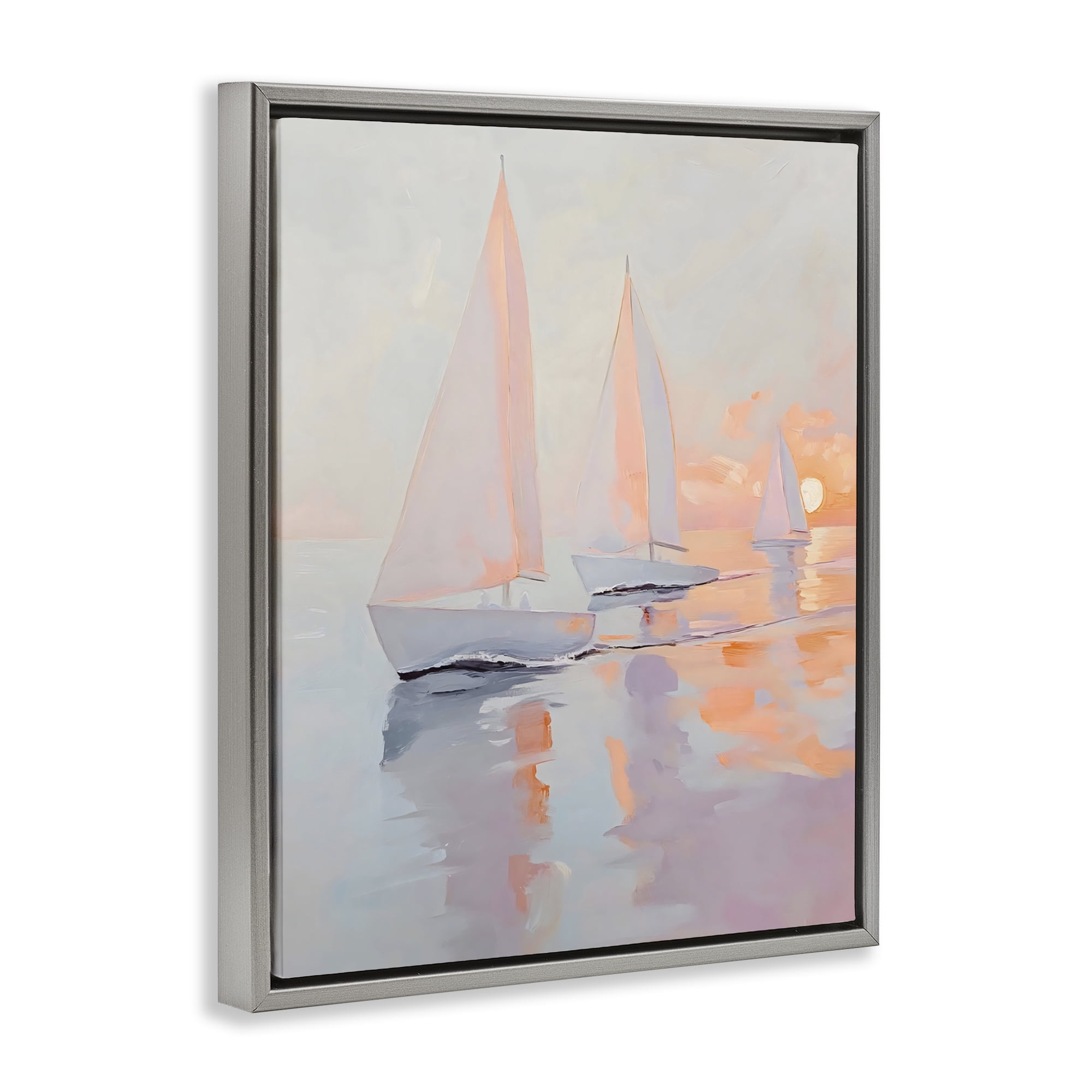 Stupell Industries Peach Sunset Sailboats on Sea Gray Framed Floater Canvas Wall Art, design by Creative Studio