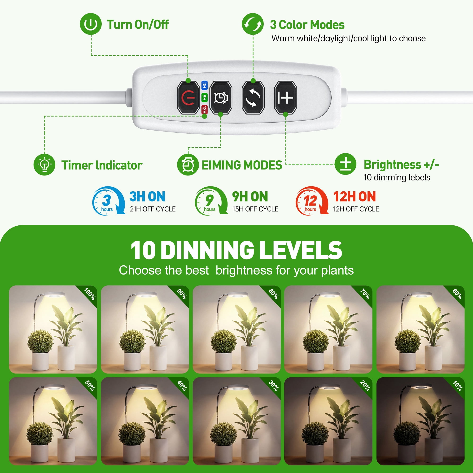 GPED Plant Grow Light, LED Growing Light for Indoor Plants, Full Spectrum Desk Growth Lamp w/ Automatic Timer(3/9/12Hrs) & Height Adjustable, 10 Dimmable Brightness for Small Plants, 2 Packs, White