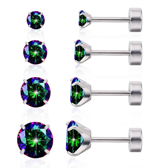 Limerencia Hypoallergenic Titanium Jewelry Flat Back Cartilage Earrings, Cubic Zirconia Studs, Pack of 4 Pairs