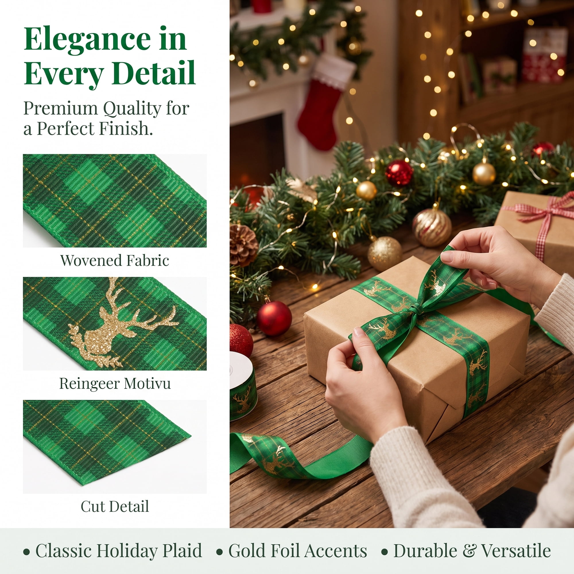 Unique Bargains Premium Fabric Ribbon for Gift Wrapping Green Deer Pattern 5.5 Yard