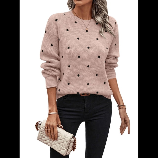 Suéteres de Lunares para Mujer, Jersey de Punto de Larga y Cuello Redondo. Rosa M
