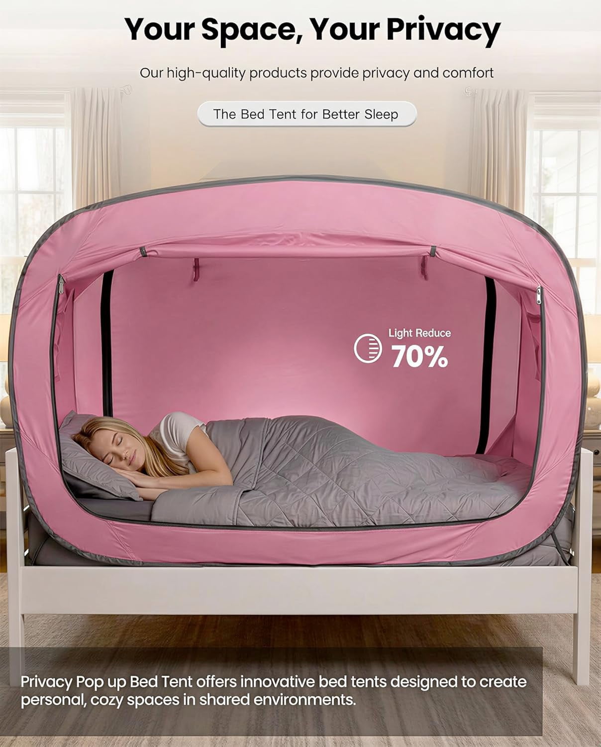 Bed Tent Twin Bed Canopy Portable Dream Tent for Adult Indoor Sleeping Tents with 2 Doors Breathable Private Space Tents, Pink