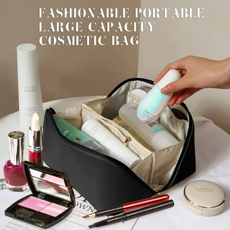 TOPALL Makeup Bag, Upgrade Make Up Bags Large Capacity Travel Cosmetic Bag  Lay Flat Makeup Bag Organizer Portable Waterproof Leather Large Makeup Bags