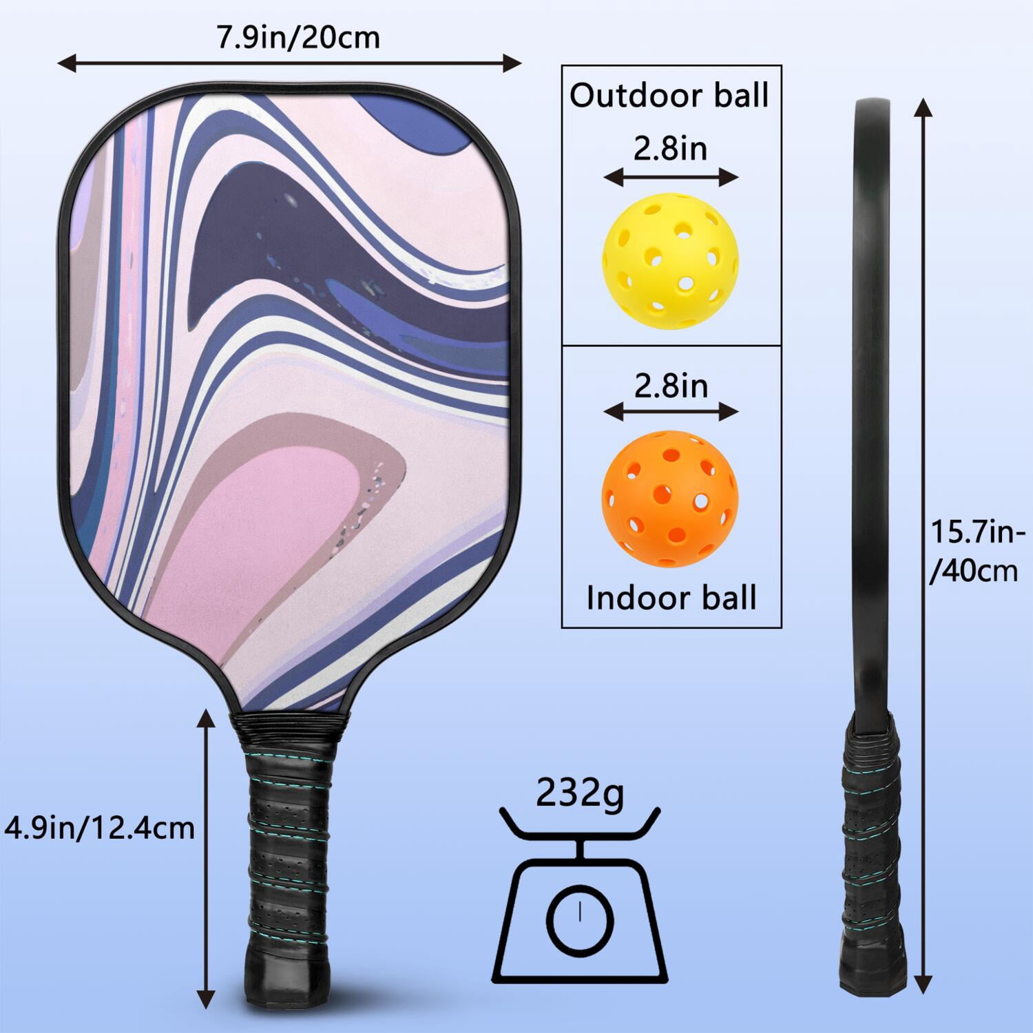 Pickleball Paddles Set Of 2, Fiberglass Surface, Liquid & Marble Print, 4 Balls & Bag