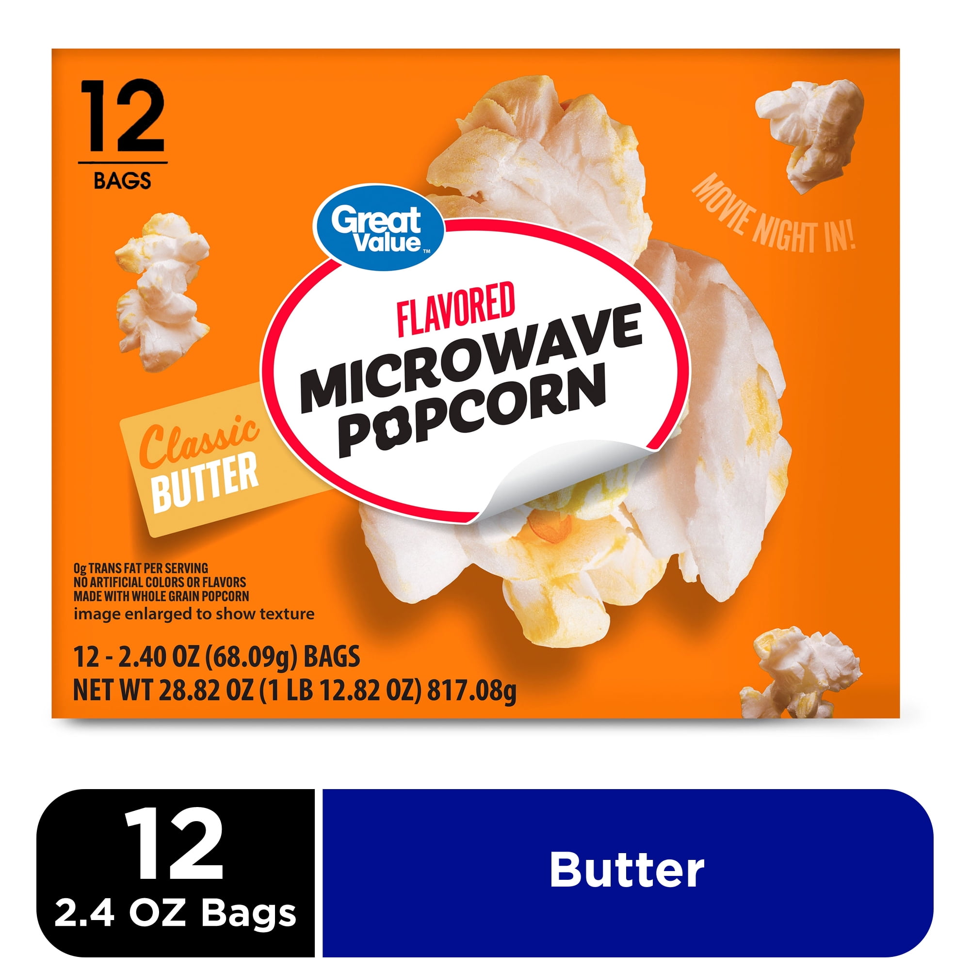 (6 pack) Great Value Classic Butter Flavored Microwave Popcorn, 2.4 oz, 12 Count