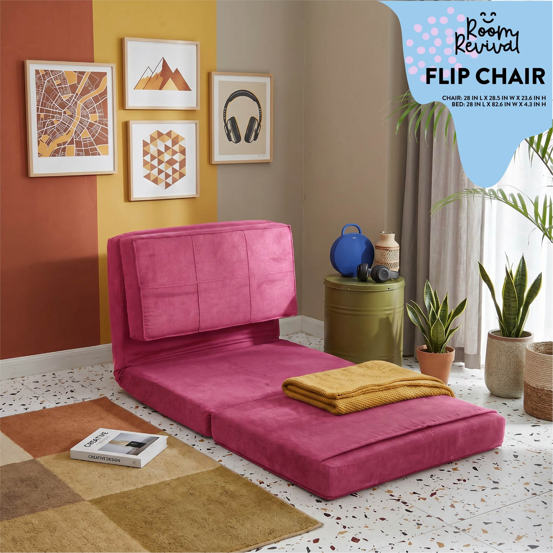 Room Revival Ultra Soft Suede 3 Position Convertible Flip Lounge Chair, Racy Pink