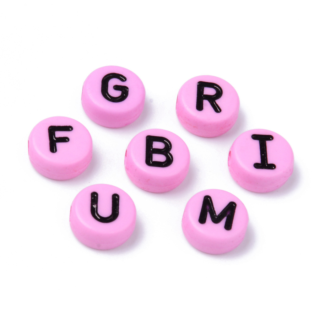 Opaque Acrylic Beads Horizontal Hole Flat Round with Black Random Letters Pearl Pink 10x4.5mm Hole: 2mm about 1600pcs/500g