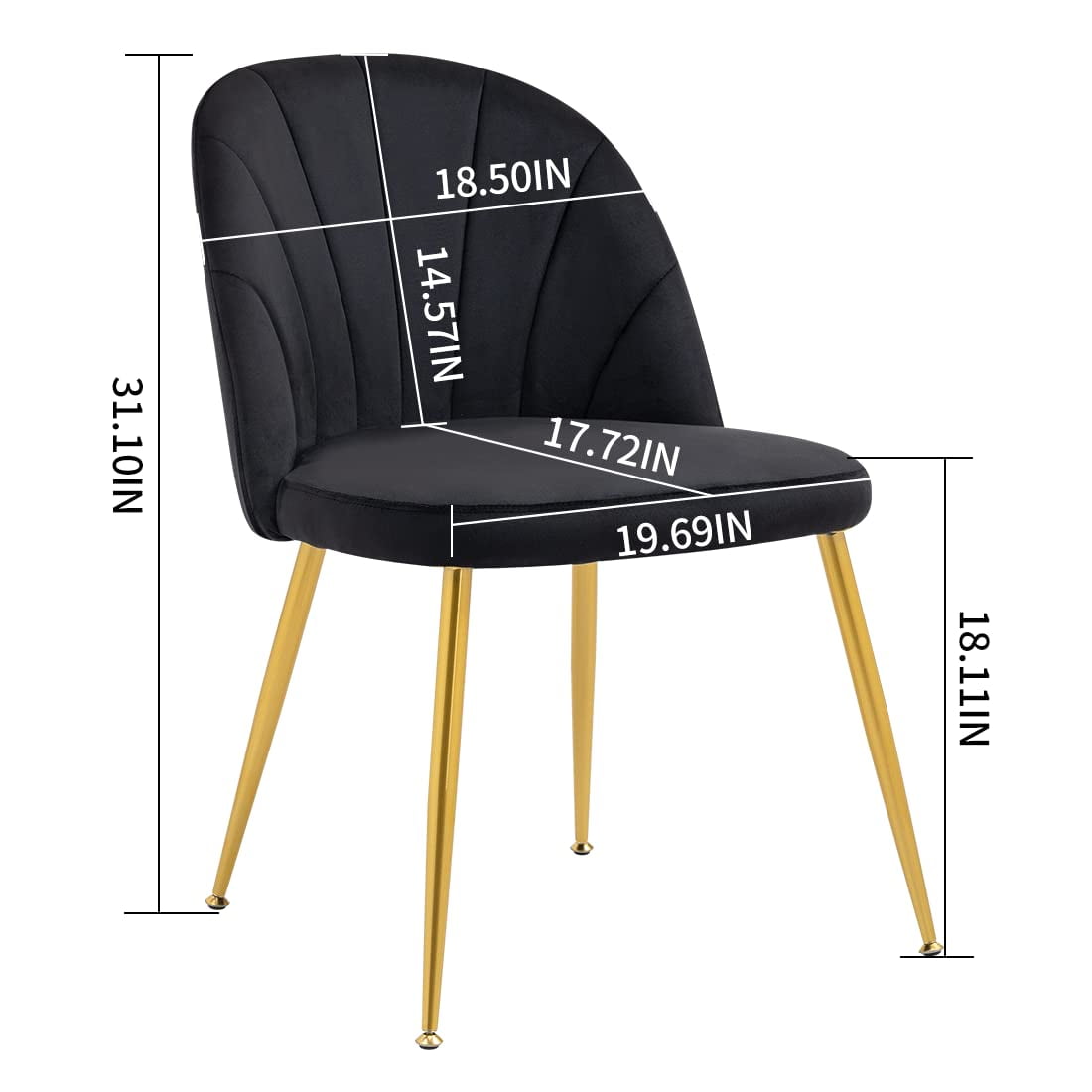 Newnno Velvet Modern Dining Chairs Set of 2, Upholstered Armless Accent Side Chair with Metal Legs for Kitchen Dining Room, Black