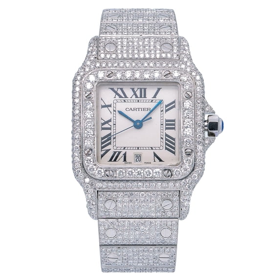 Pre-Owned Cartier Santos Galbée 29MM 1564 Silver Roman Dial Diamond Bezel Stainless Steel Full Diamond Bracelet