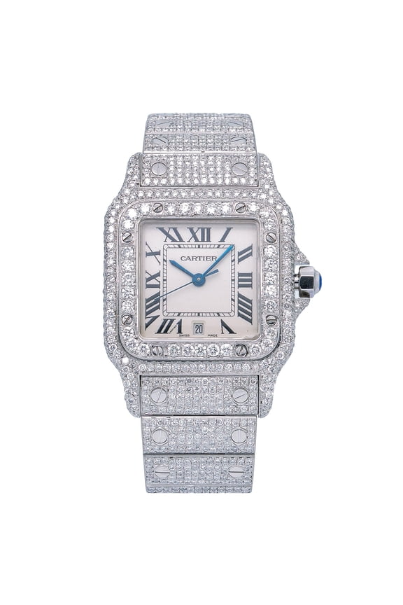 Pre-Owned Cartier Santos Galbe 29MM 1564 Silver Roman Dial Diamond Bezel Stainless Steel Full Diamond Bracelet