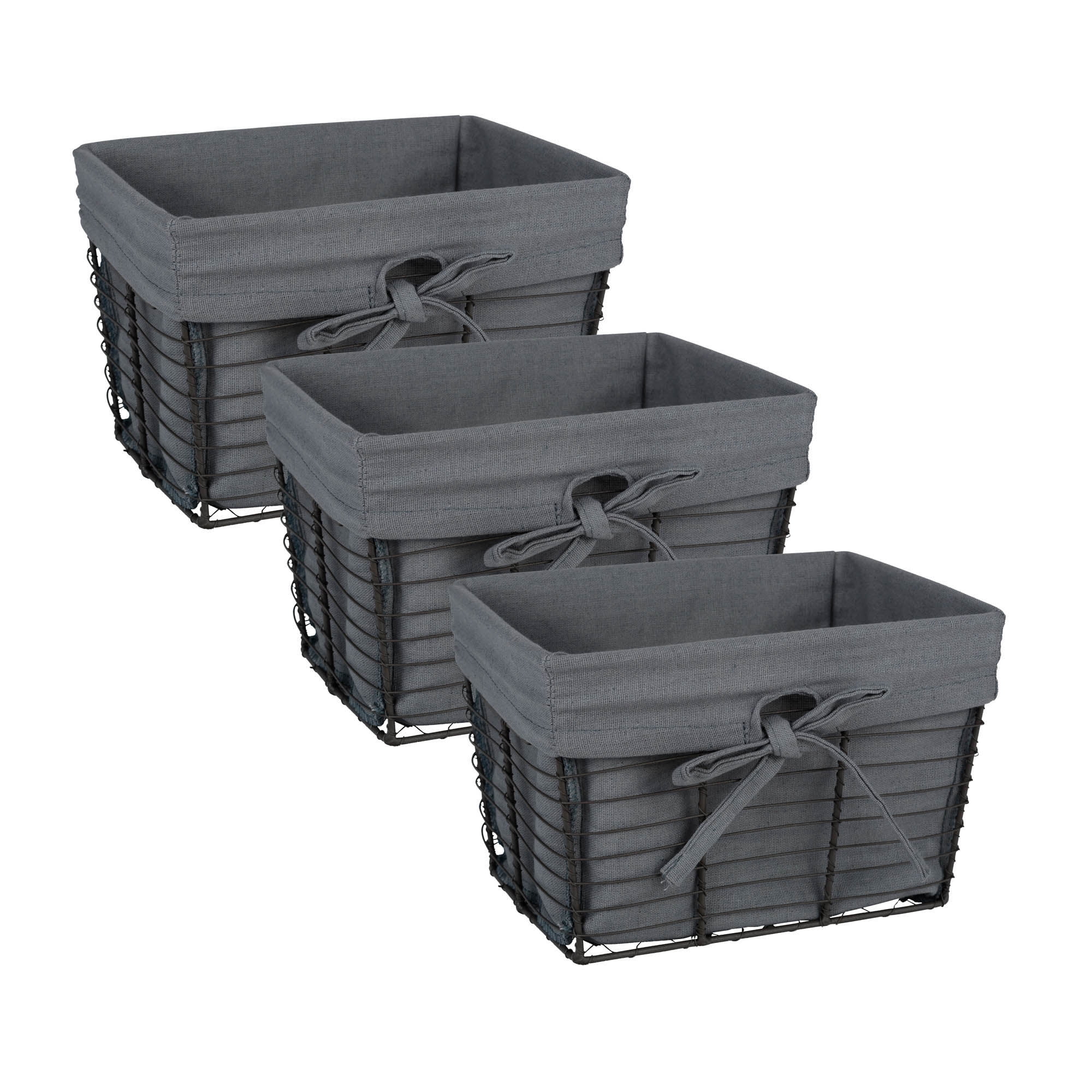 DII, Vintage Grey Wire Basket, Removable Fabric Liner, Set of 3, Grey