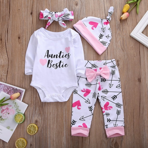 Aunties Bestie Newborn Infant Baby Girl Outfits Clothes 4Pcs Set Bodysuit  +Pants