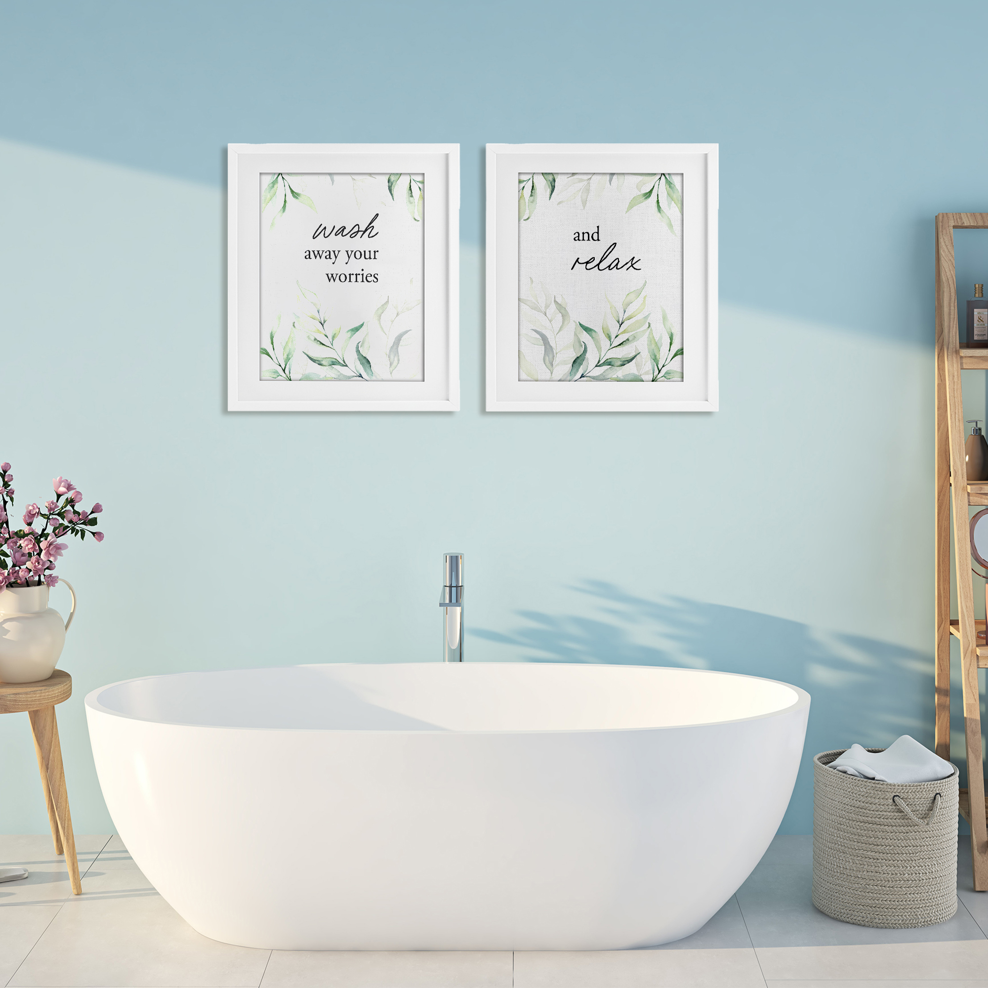 Soothing Bathroom Greenery Words 2 Piece White Framed Print Under Glass Set, design by Lettered and Lined