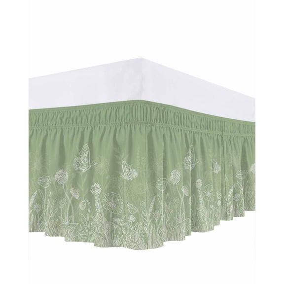 Spring Flower Butterfly Bed Skirt Queen Size 18 Inch Drop, Plant Floral Lines Countryside Green Adjustable Elastic Dust Ruffles Bedskirt for Queen Bed Wrap Around Pleated Mattress Frame Cover