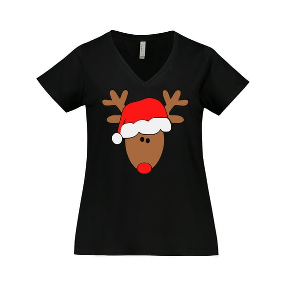 Inktastic Christmas Cute Reindeer in Santa Hat Women's Plus Size V-Neck T-Shirt