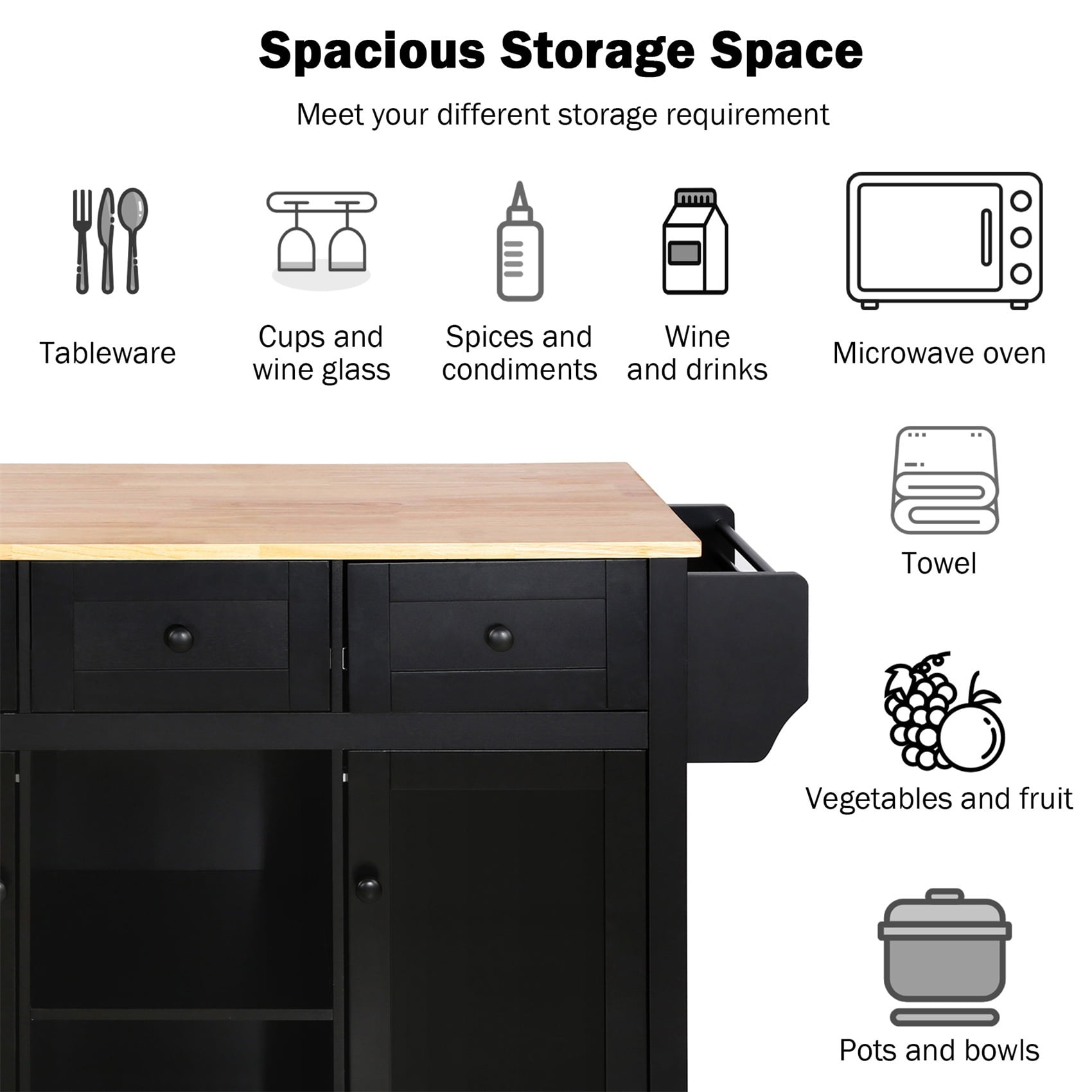 Alvantor 53'' Kitchen Island Carts, Mobile Buffet Cabinet with Drop Leaf for Dining Room Living Room Black