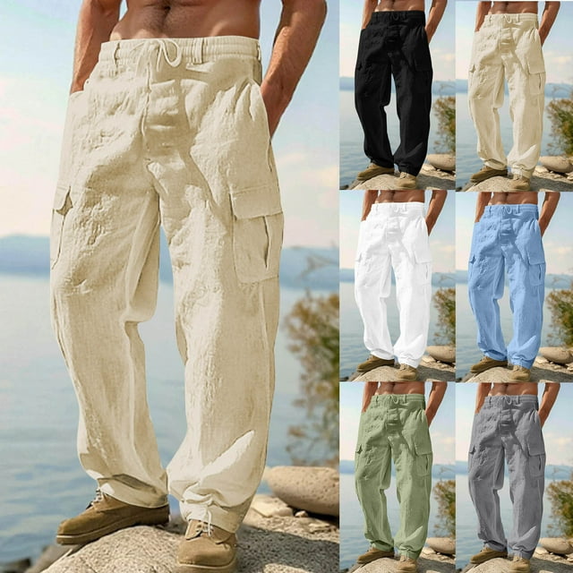 Styesk Men's Pants Men's Fashionable Solid Color Multi Pocket Workwear Drawstring Casual Pants