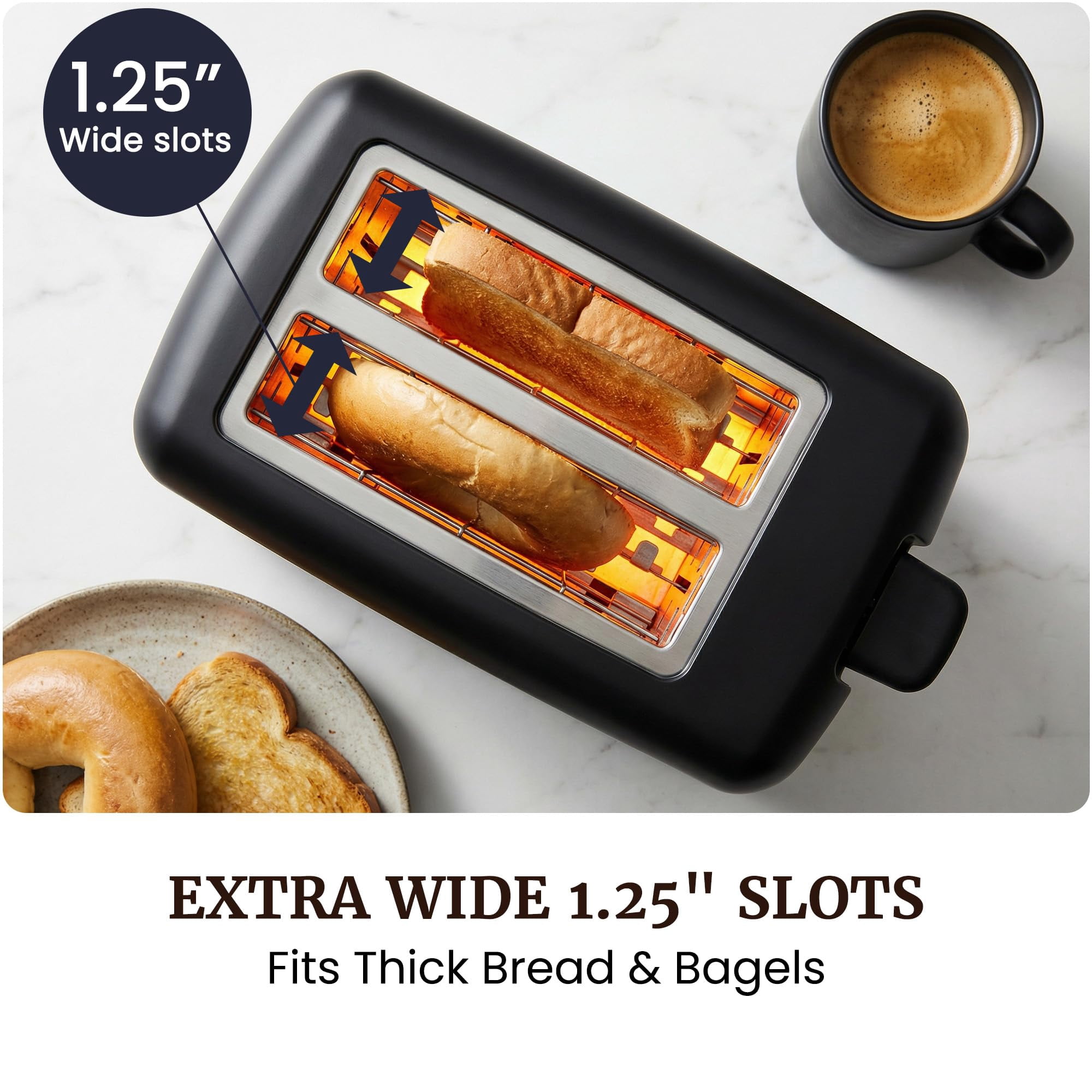 2-Slice Cool Touch Toaster – 6 Browning Levels, Extra Wide 1.25” Slots for Bagels & Thick Bread, Cancel Function
