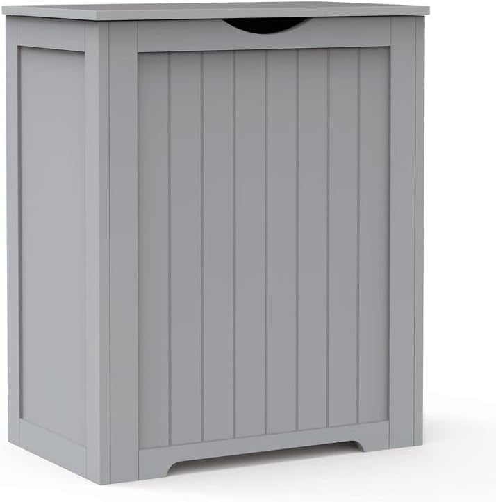 Large Wooden White Box Laundry Hamper With Lid, Free Standing Storage Bins, Clothes Organizer Basket For Bedroom, Bathroom, And Laundry Room (Grey)