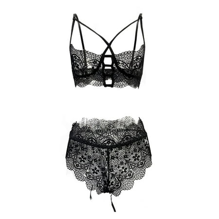 

B91xZ Lingerie For Women Women Floral Lace Sheer Mesh Garter Lingerie Set V Neck Bra With Thong Sexy Outfits Black M