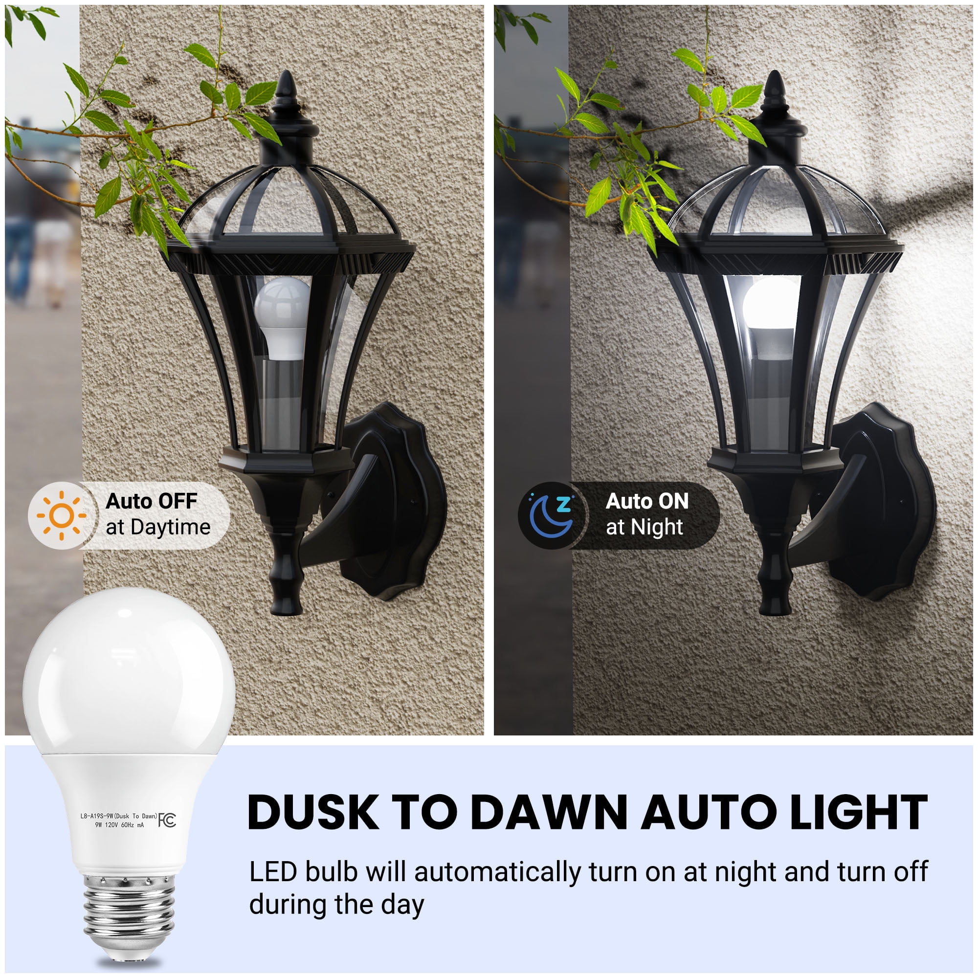 DAYBETTER Dusk to Dawn Light Bulbs Outdoor 60 Watt Equivalent, Automatic On/Off Sensor LED Light Bulb, 9W Daylight 5000K, 800Lumen, A19 E26 Bulbs,8pack.