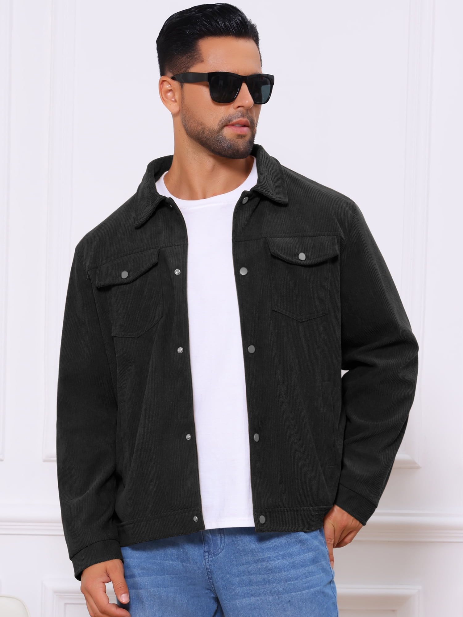 DARING DIVA Men's Solid Long Sleeve Button Pockets Corduroy Trucker Jacket S Black