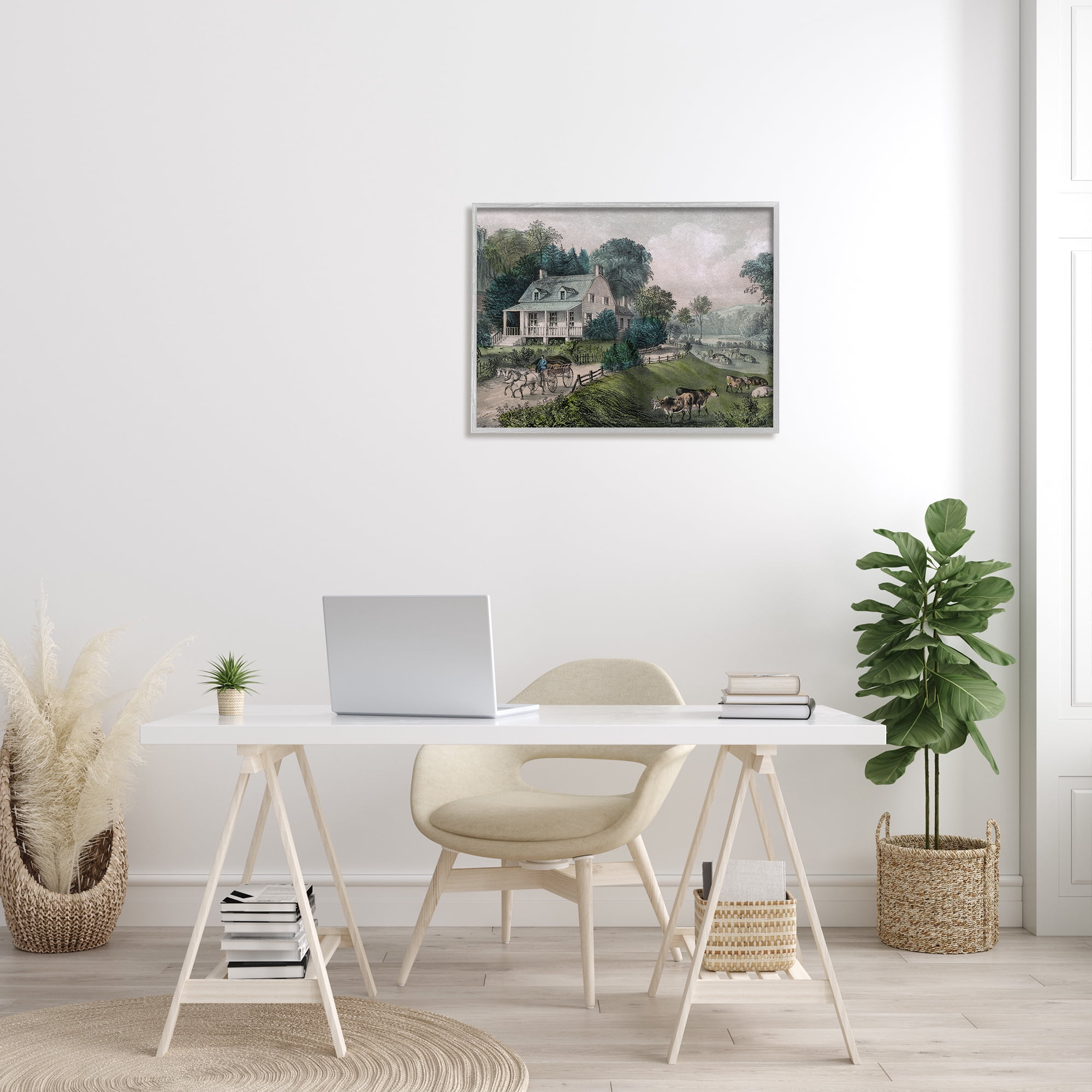 Stupell Industries Classic Countryside House Painting Roaming Farm Animals Painting Gray Framed Art Print Wall Art, Design by Daphne Polselli