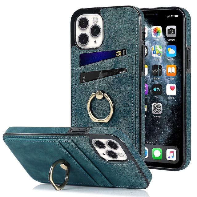 Funda de piel estilo vintage para iPhone 11 Pro con ranura para tarjetas, anillo giratorio de 360 grados, protección para la cámara, protección en las 4 esquinas, funda de teléfono muy resistente.
