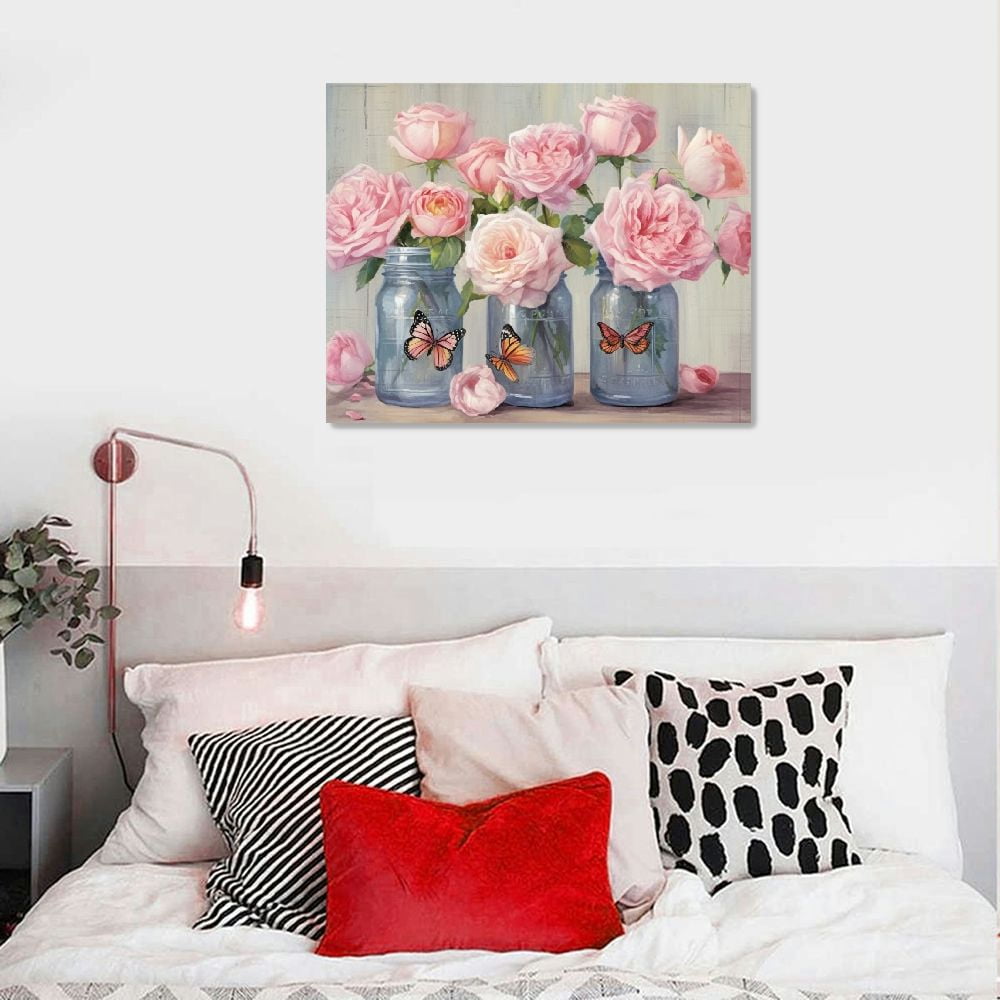 JRXY Farmhouse Rose Wall Art Pink Peony Flower Wall Decor Rustic