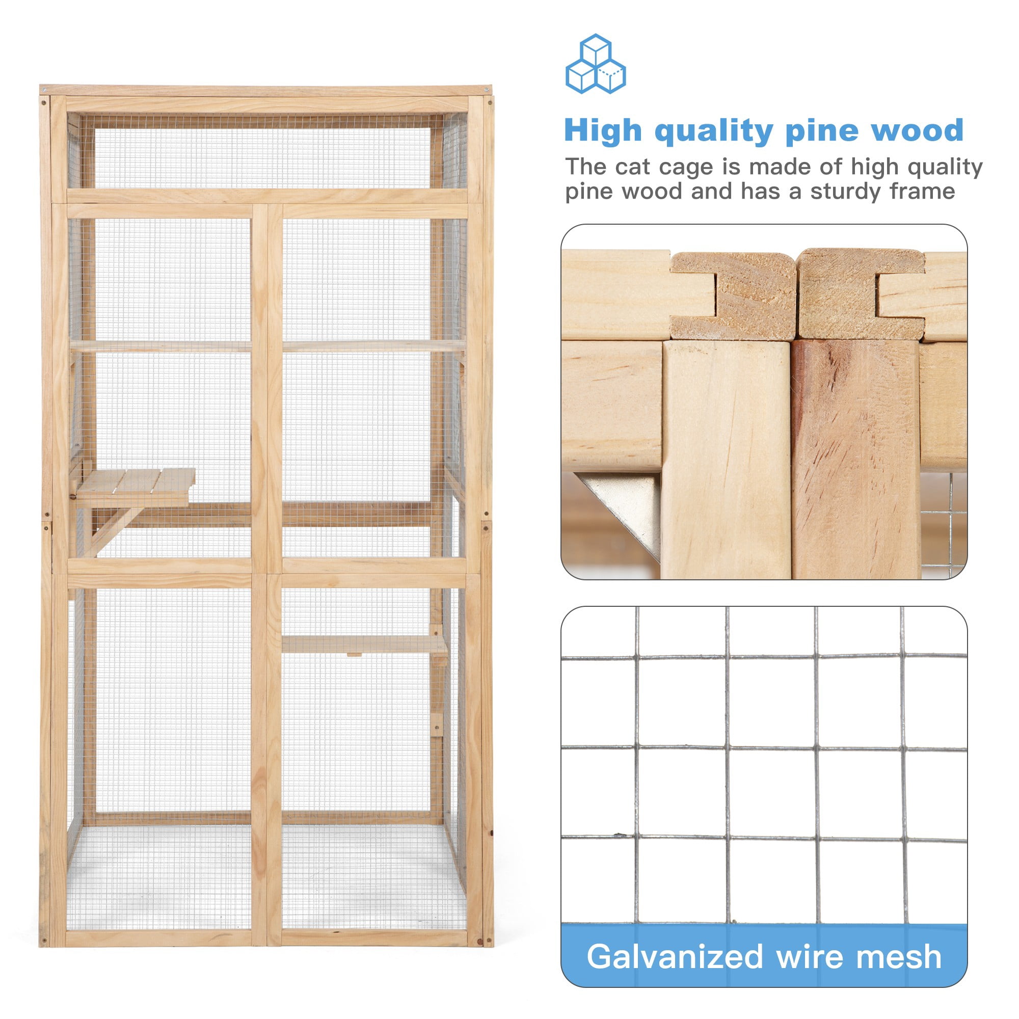 Pefilos 64" Cat House Outdoor Catio Cat Enclosures Wooden Kitty House with Platforms, Waterproof Roof, Hammock, Beige