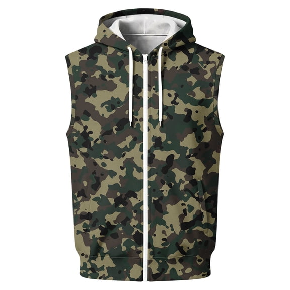 Delconic Mens Sleeveless Zip Up Hoodie Vest Casual Athletic Lightweight Fleece Lined Camouflage Print Retro Streetwear Outerwear Army Green L