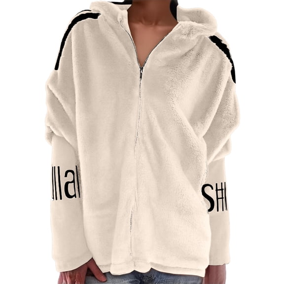 Women's Stand Collar Baseball Jacket, Double Faced Plush Coat, Soft Faux Fur Lined Outerwear, Loose Fit Warm Winter Coat, Sporty Stripe Sleeve Design, Casual Luxury Style Beige L