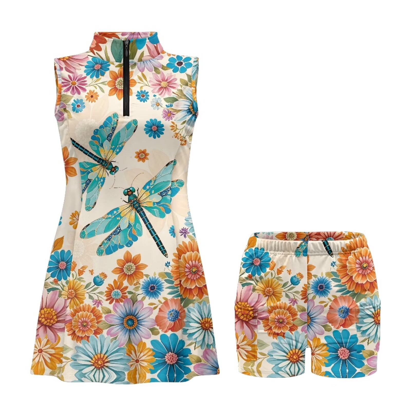 Yuyamidu Dragonfly Golf Dresses for Women Size XS Daisy Sleeveless Active Athletic Exercise Sports Wear Dresses for Women Pockets Zipper Workout Athletic Dresses Built in Shorts