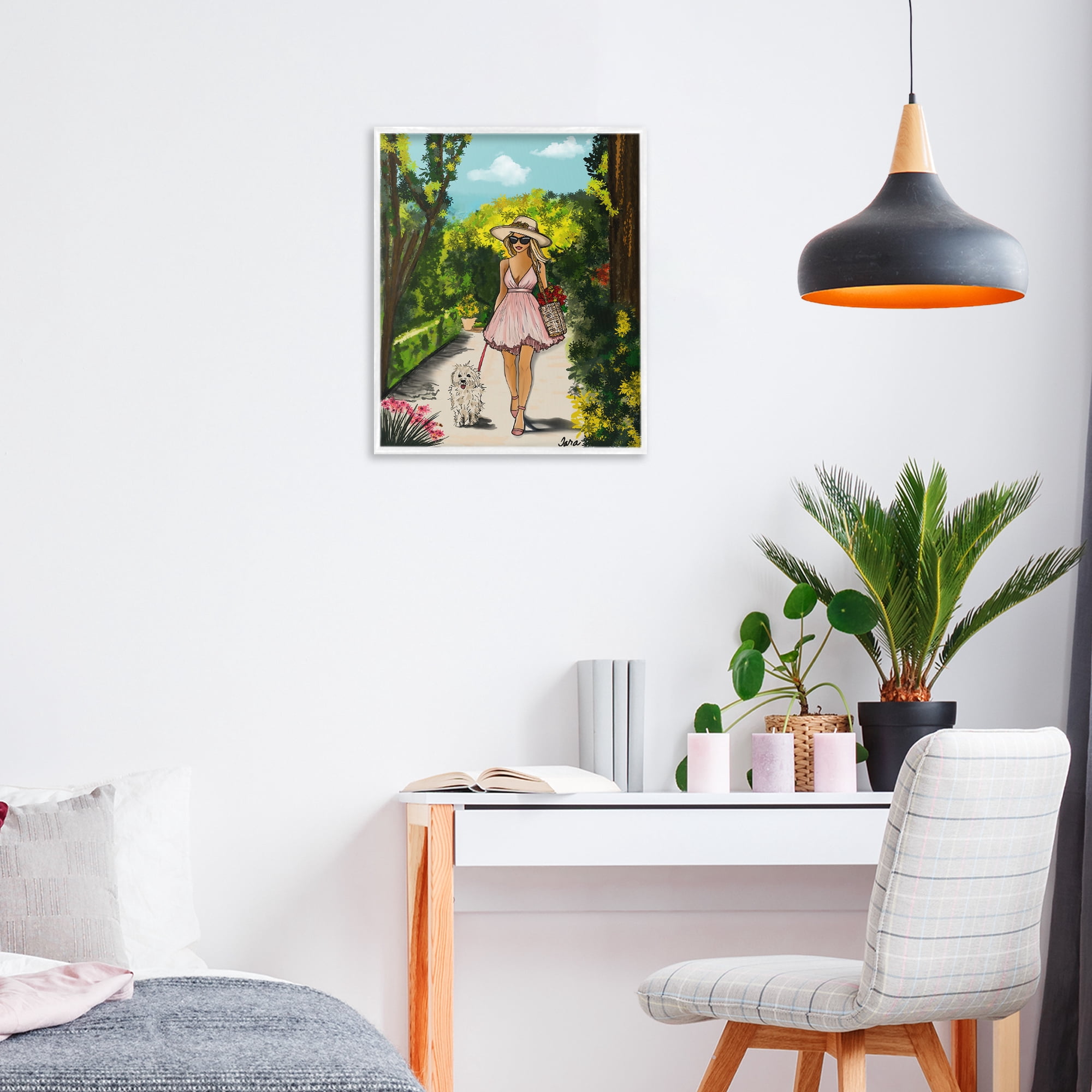 Stupell Industries Garden Girl Strolling with Pup White Framed Giclee Art, design by Tara Boone