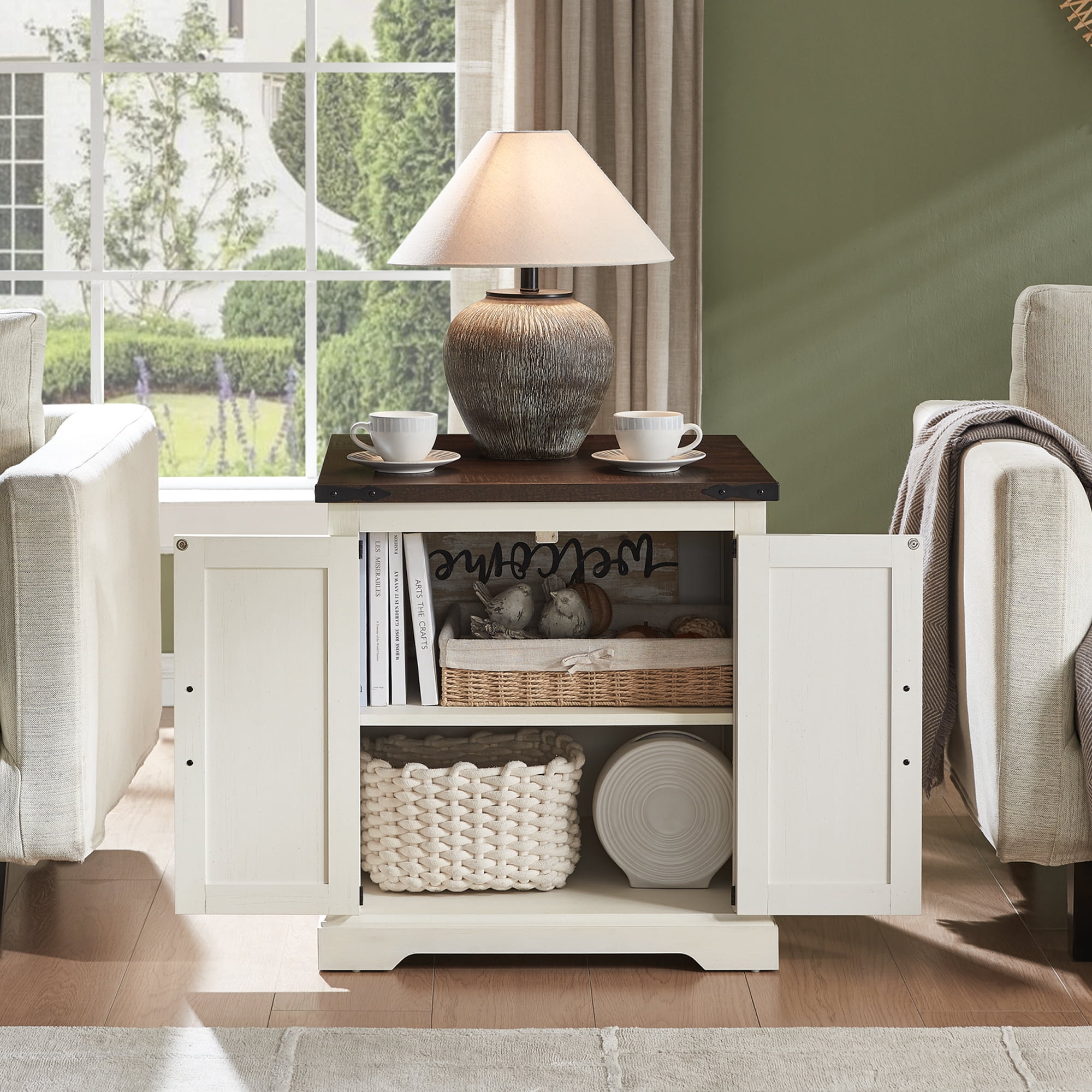 Rustic Farmhouse End Table with Charging Station - 24" Large Sofa Side Table With Barn Door Design - Square Nightstand Bedside Table with Adjustable Storage Shelf for Living Room or Bedroom,White