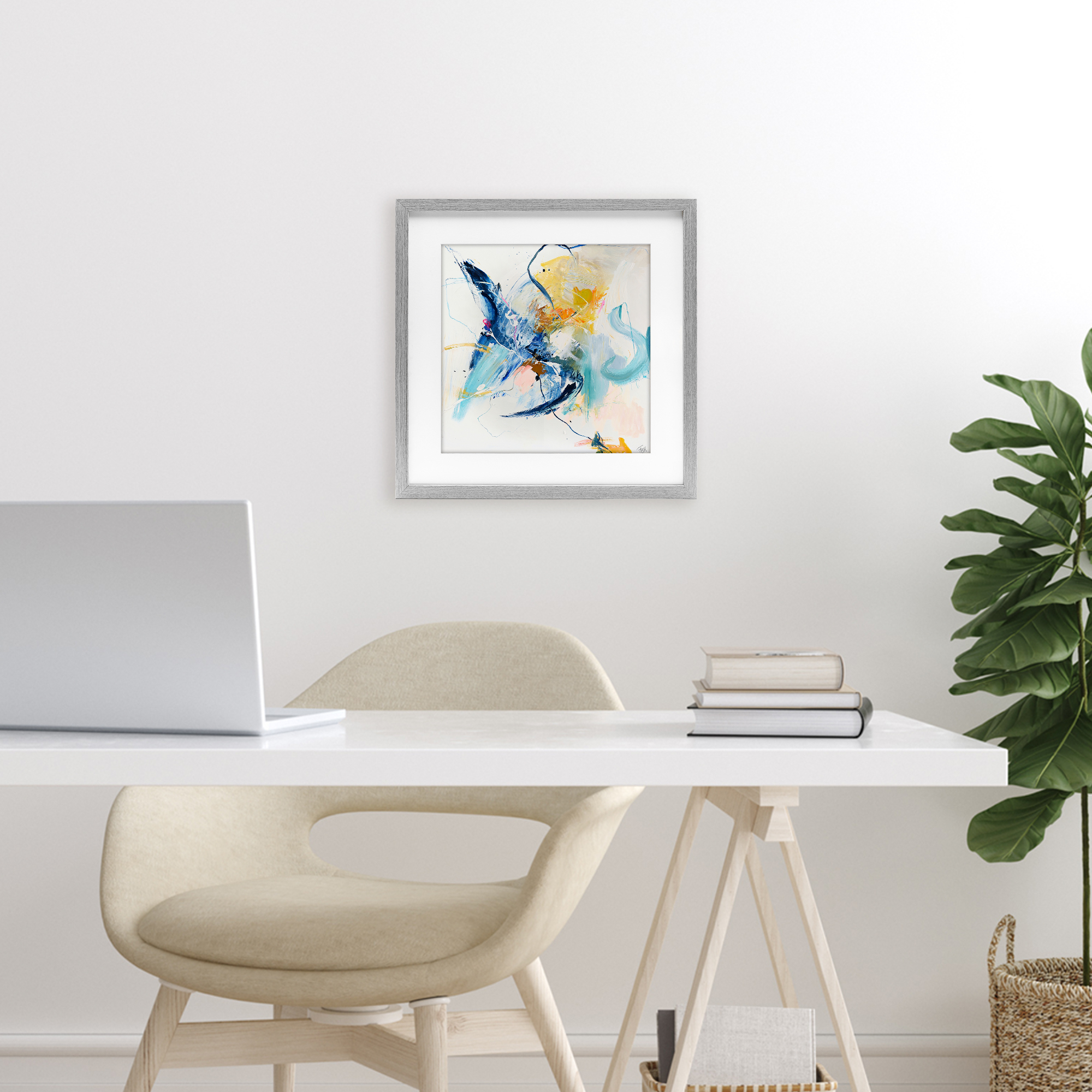 Confident Blue Abstraction Gray Framed Print Under Glass, design by Design Fabrikken